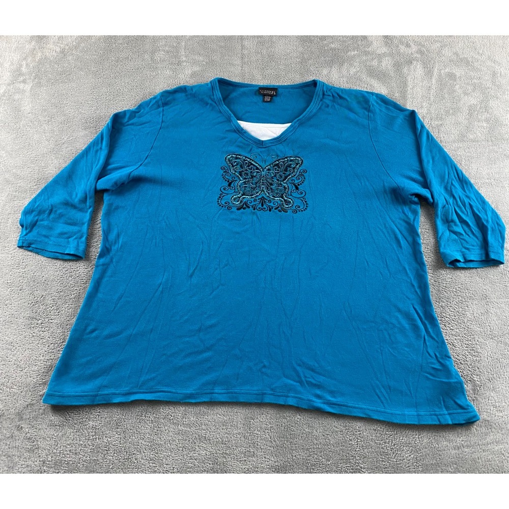 Trilogy by Morning Sun Womens 2X Blue Butterfly Embroidered 3/4 Slv Top V-Neck